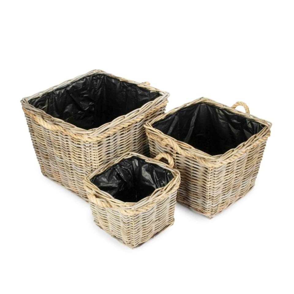 image 1 of Set of 3 Square Tapered Rope Handled Rattan Planter With Plastic Lining