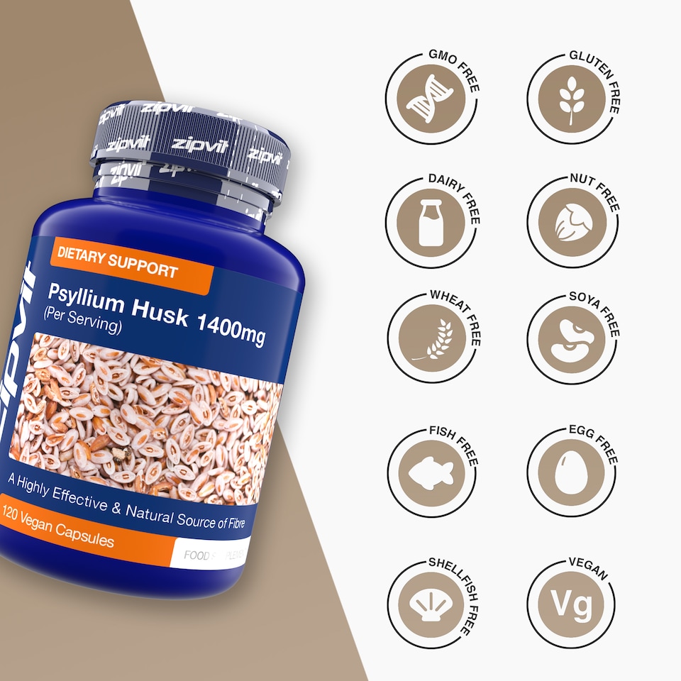 image 1 of Zipvit Psyllium Husk 1400mg, Natural High Strength Fibre Supplement, 120 Vegan Capsules