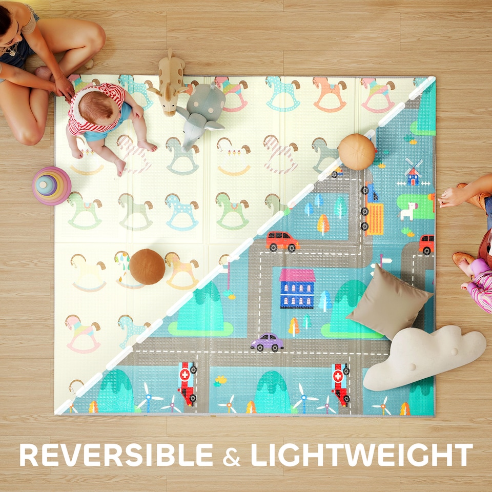 image 1 of AIYAPLAY Double-Sided Foldable Baby Mat, Water-Resistant Large Foam Mat, Reversible Floor Mat for Toddlers, for Bedrooms, Nurseries, Playrooms, 195L x 177.5W cm, Traffic and Rocking Horse Theme