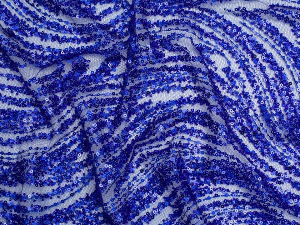 Minerva Core Range Blue Beaded Embroidered Tulle Lace Fabric for Bridal, Dressmaking, 137cm / 53" Wide - per metre