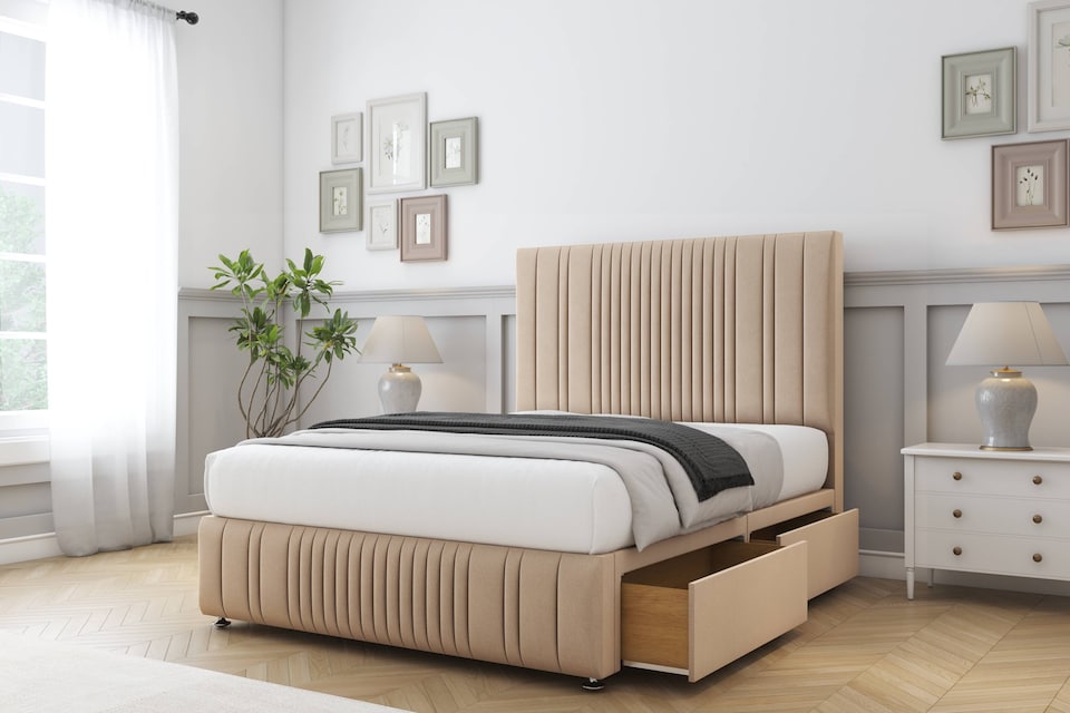 image 1 of Sloomy Kingsley Pebble Plush Divan Bed With Mattress No Drawers With 54" Floor Standing Headboard & 12" Matching Footboard 3' Single | Brown | Pebble | Single | 1
