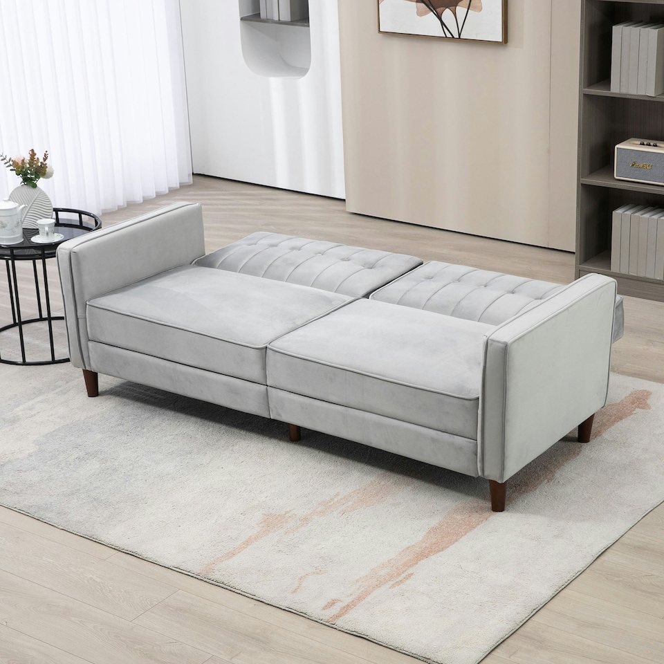 image 1 of HOMCOM Convertible Sofa Futon Velvet-Touch Tufted Couch Sofa Bed Grey
