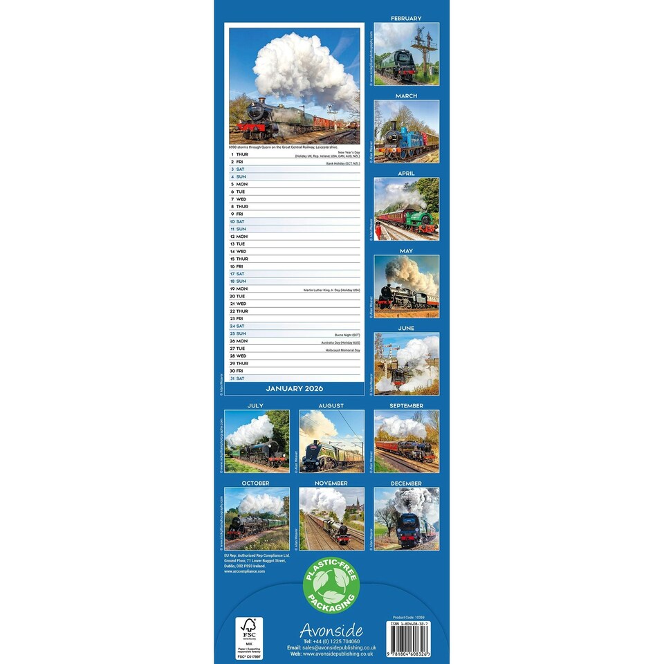 image 1 of Steam Trains Slim 2026 Calendar | Slimline Wall Calendar | Train, Steam Railway Gift | Plastic Free Packaging | Avonside Publishing Ltd