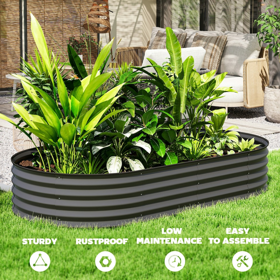 image 1 of Outsunny Set of 2 Raised Beds for Garden with Metal Plant Stakes, Dark Grey 