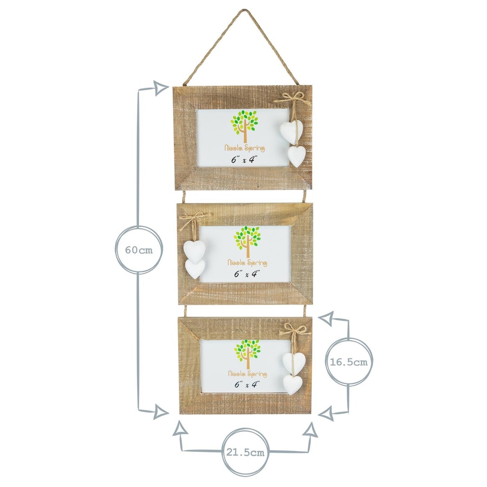 image 1 of Nicola Spring Rustic White Hearts Hanging 3 Photo Frame - 6 x 4" - Natural