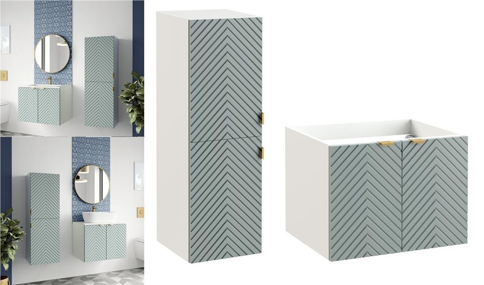 image 1 of Bathroom Wall Cabinets Furniture Set Green 600mm Vanity Tallboy Herringbone Cara