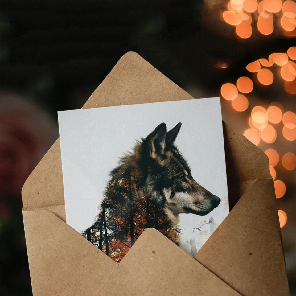 image 1 of Wolf Autumn Forest Trees Double Exposure For Him Birthday Card