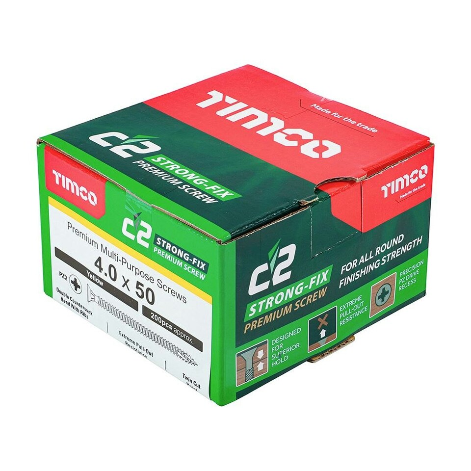 image 1 of Timco - C2 Strong-Fix Multi-Purpose Premium Screws - PZ - Double Countersunk - Yellow (Size 4.0 x 50 - 200 Pieces)