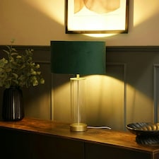 ValueLights Clear Tube and Gold Metal Bedside Table Lamp with a Forest Green Velvet Shade - LED Bulb Included