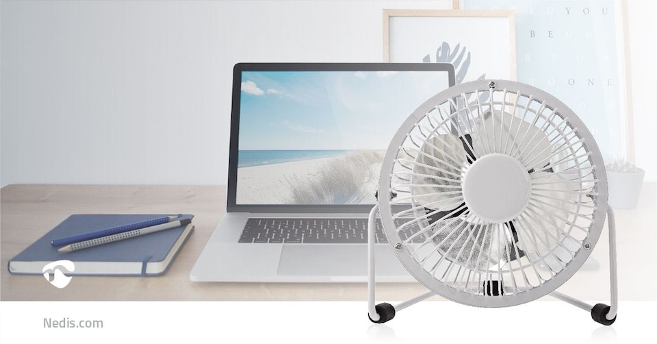 image 1 of Nedis 10cm Mini USB Powered Tilting Desk Fan with Metal Shell and Aluminium Blades, 360° Rotation, On/Off Switch - White