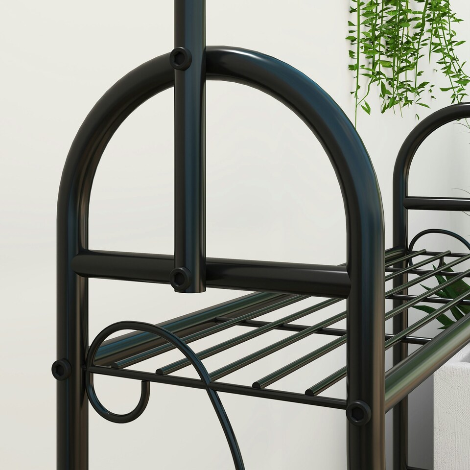 image 1 of Outsunny 3 Tier Plant Stand w/ Hanging Hooks for Balcony Living Room, Black Black