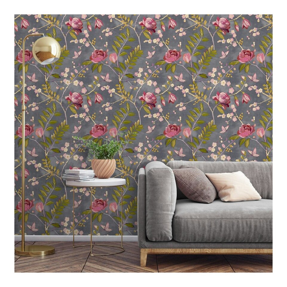 image 1 of Grandeco Lola Floral Wallpaper - Charcoal/Pink - 10m x 53cm