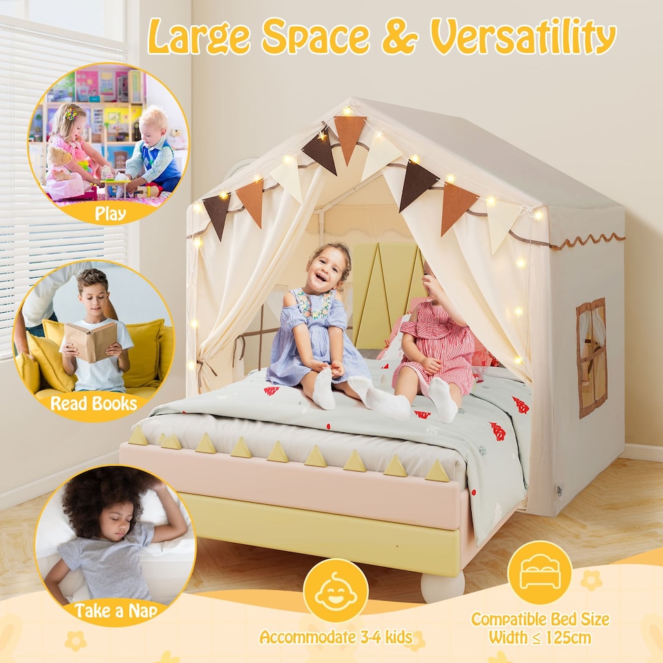 image 1 of COSTWAY Kids Play Tent 3-4 Kids Large Play Tent House w/2 Opening Doors-Beige