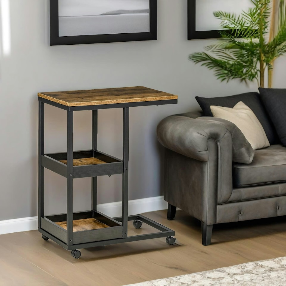 image 1 of Industrial C Shaped Side Table 3-Tier With Wheels Brown