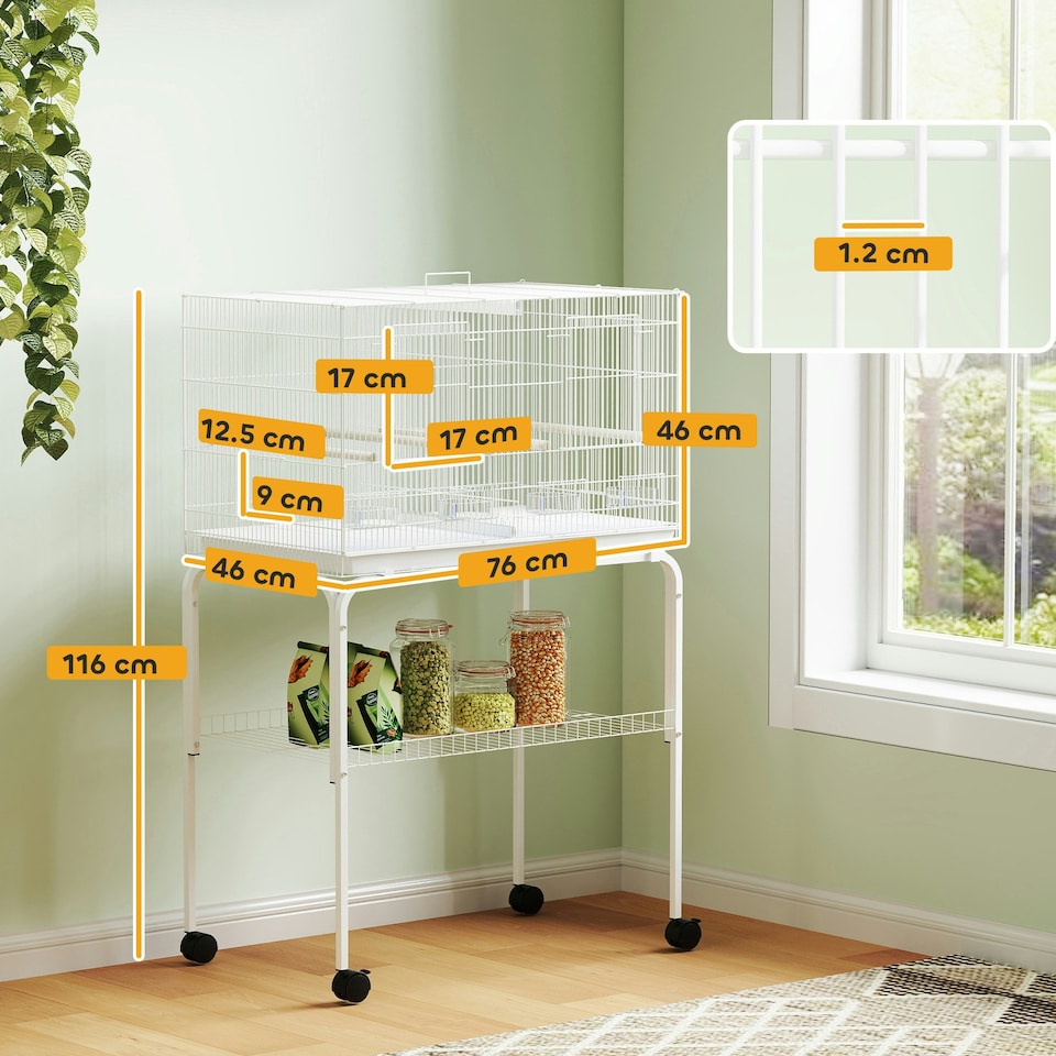 image 1 of PawHut Bird Cage with Divider, 4 Wooden Perches, Slide Out Tray, White