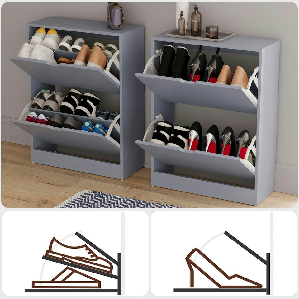 image 1 of Vida Designs 2 Drawer Shoe Cabinet Shoe Rack Storage Cupboard, 100% FSC, Grey