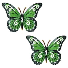 2pk Small Green Metal Butterfly Garden/Home Wall Art Ornament 11x8.5cm