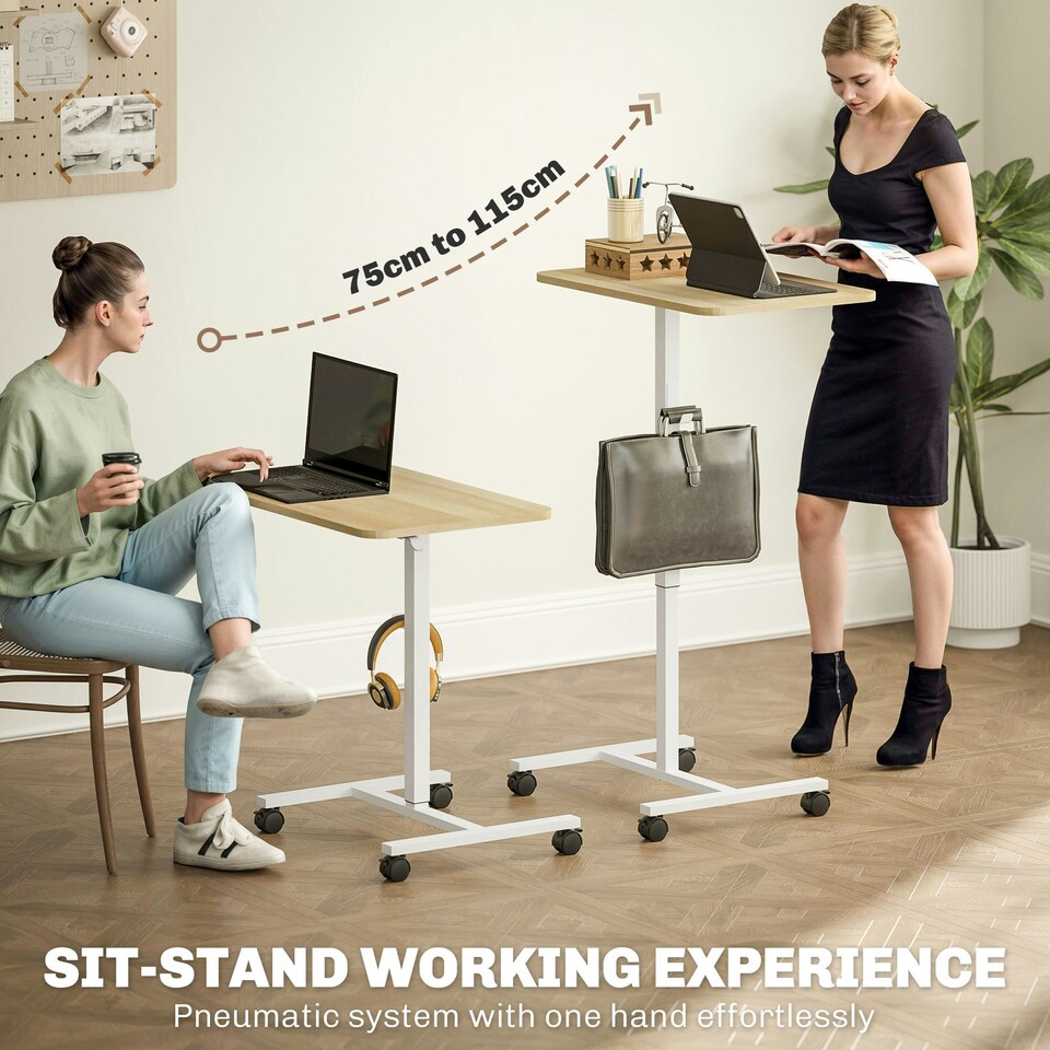 image 1 of HOMCOM Standing Desk Mobile Overbed Table w/ Wheels for Home Office Natural