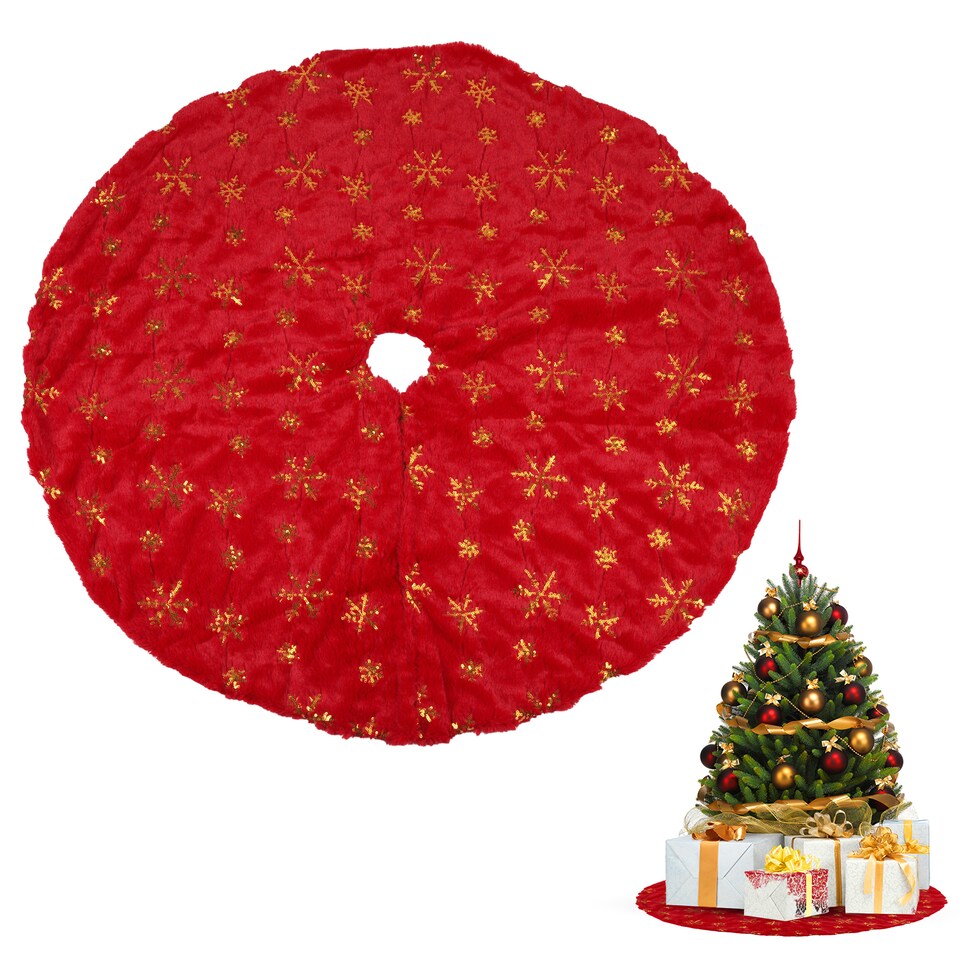 image 1 of 100cm Christmas Tree Skirt Large Red & Gold Snowflake Mat, Tree Skirt