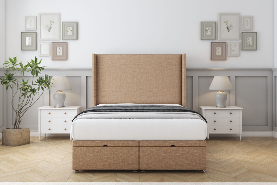 image 1 of Sloomy Devonshire Latte Dumfries Ottoman Bed Base With 54" Wingback Headboard 6' Super King | Brown | Latte | Super King | 1