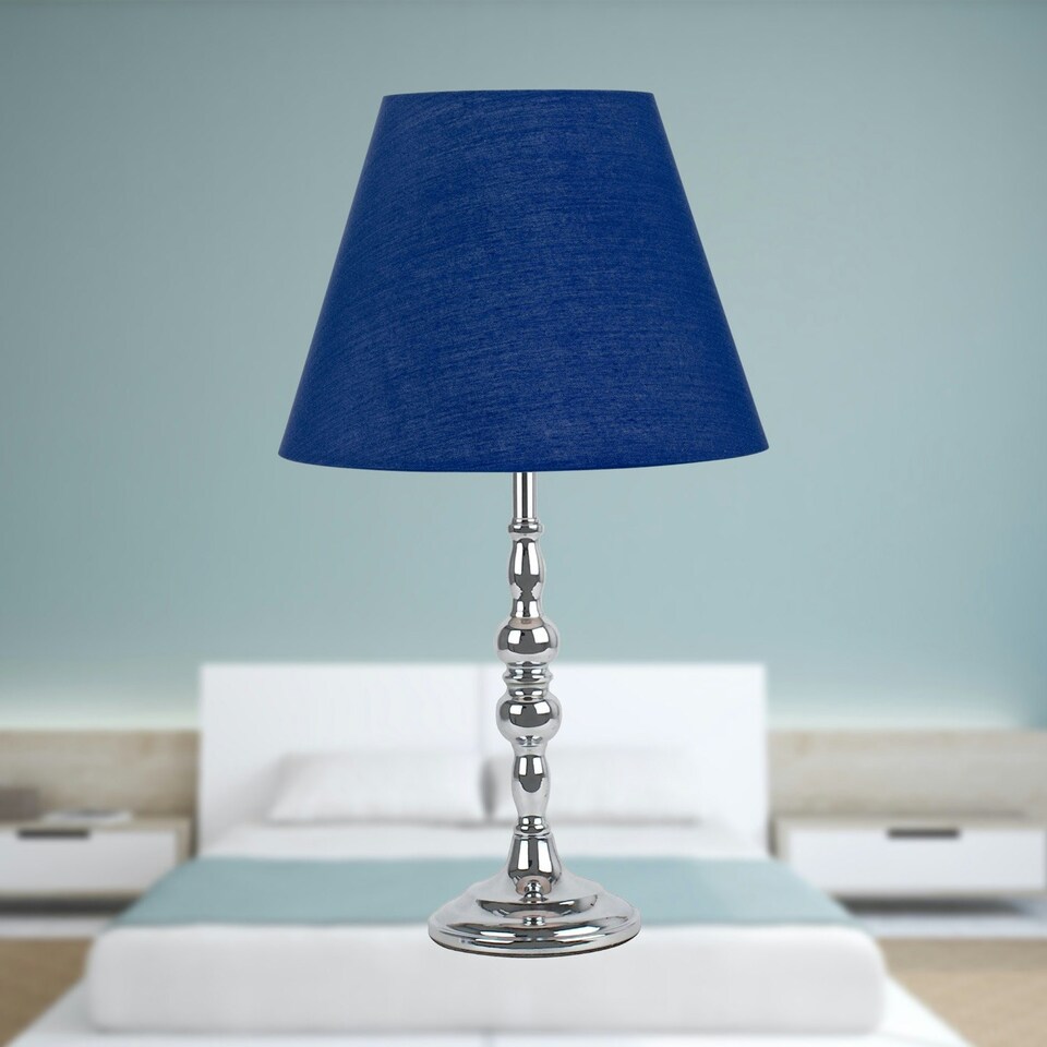 image 1 of Set of 2 Chrome Table Lamps with Decorative Stem and Navy Blue Shades Chrome | Blue