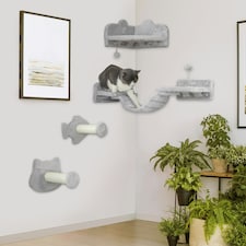 PawHut4 Piece Cat Wall Shelves Wall-Mounted Tree with Platforms Light Grey