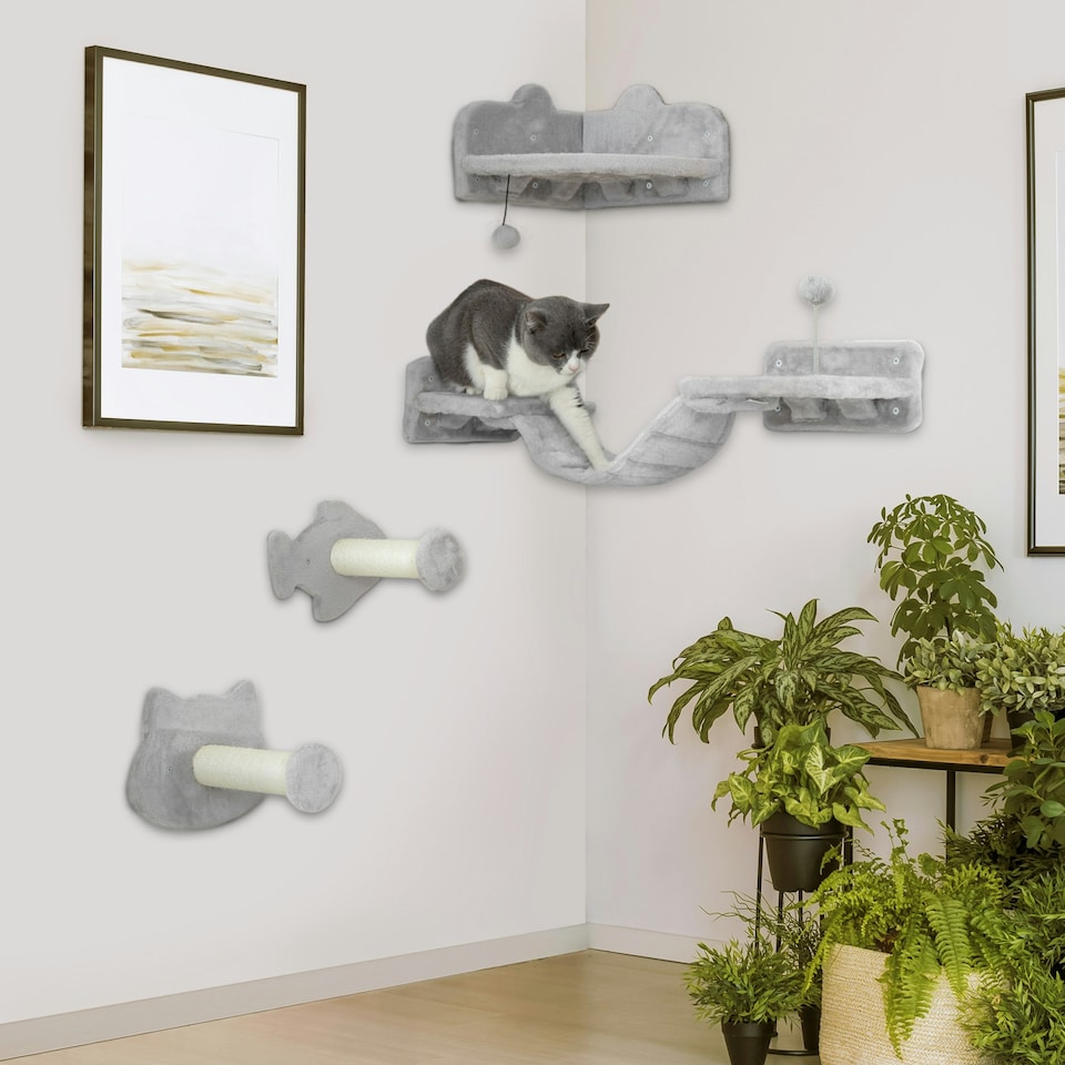 image 1 of PawHut4 Piece Cat Wall Shelves Wall-Mounted Tree with Platforms Light Grey