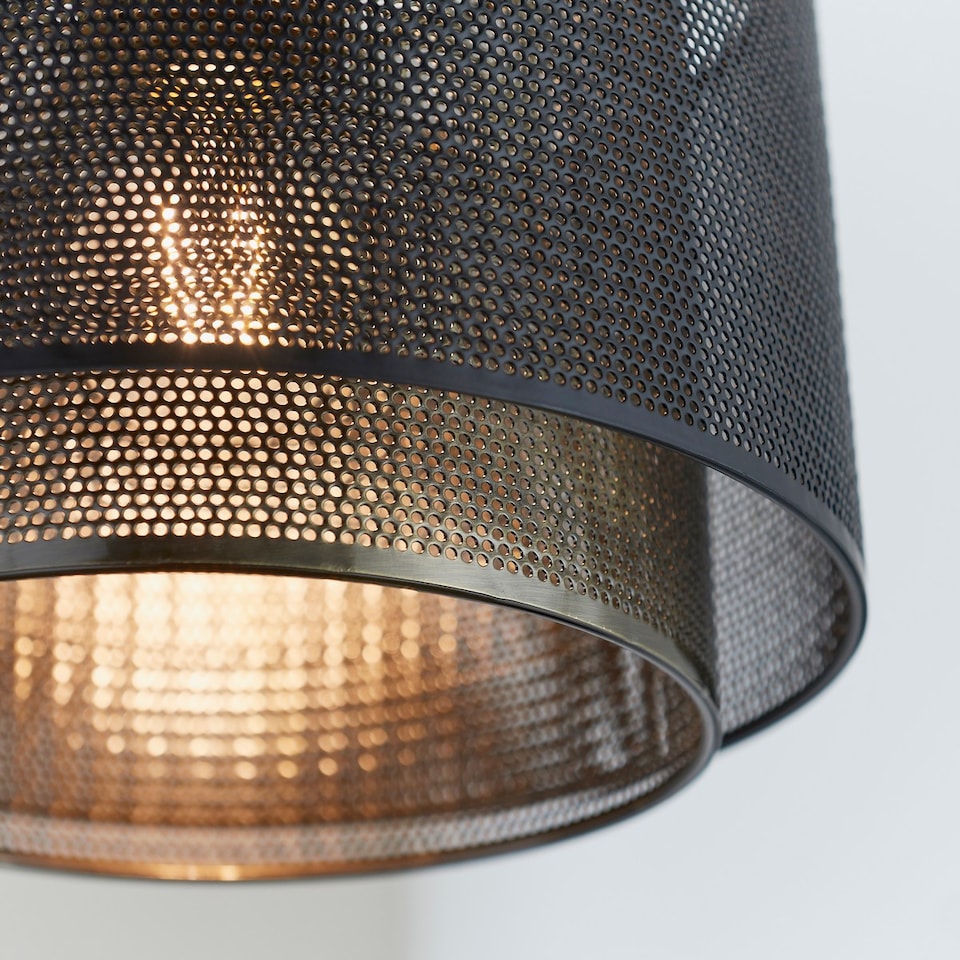 image 1 of Plexus 34cm Cylindrical Pendant Matt Black Paint, Antique Brass Mesh , E27
