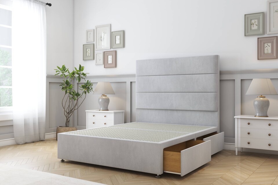 image 1 of Sloomy Texas Silver Naples Divan Bed Base 4 Drawers With 54 Inch Floor Standing Headboard | Silver | Silver | Super King | 1