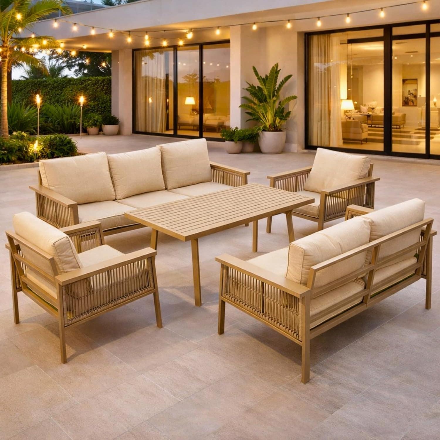Aluminium Garden Furniture Set 7 Seater Beige Outdoor Patio Sofa Set - Poly Rattan Rope Loveseat, Armchairs, Dining Table, Thick Cushions for Lounge Conservatory Balcony Seating