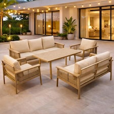 Aluminium Garden Furniture Set 7 Seater Beige Outdoor Patio Sofa Set - Poly Rattan Rope Loveseat, Armchairs, Dining Table, Thick Cushions for Lounge Conservatory Balcony Seating