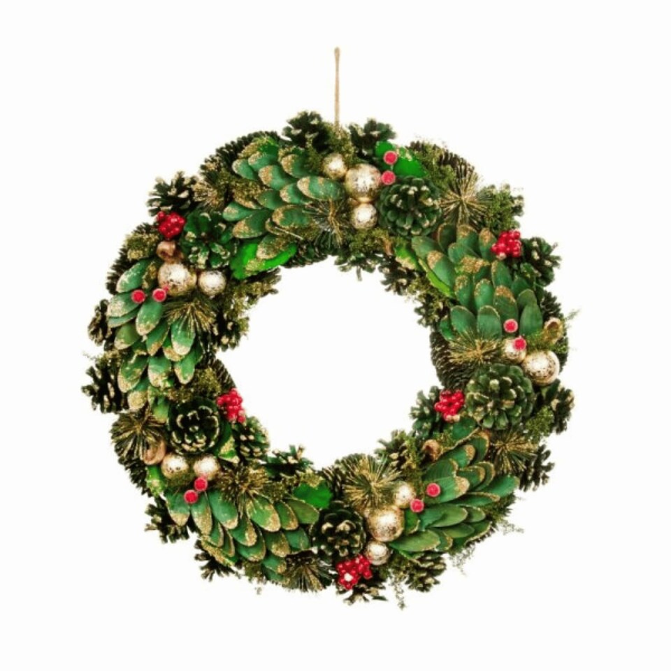 image 1 of 30cm Bauble and Pinecone Hanging Christmas Wreath with Red Berries