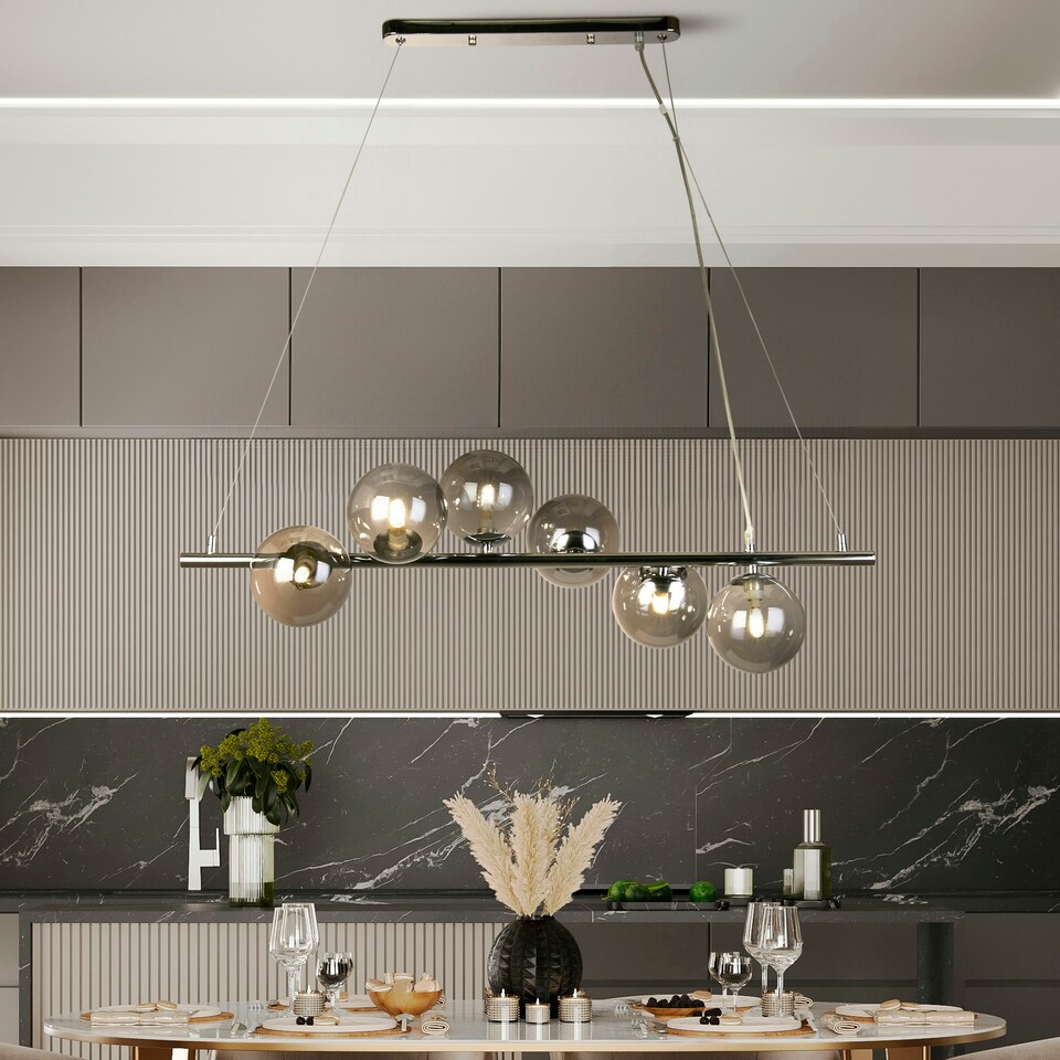 image 1 of 6LT CHROME PENDANT BAR WITH SMOKE GLASS SHADES