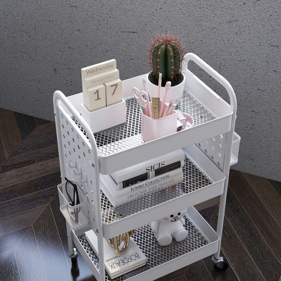 image 1 of HOMCOM Rolling Utility Cart with 3 Mesh Basket, 2 Boxes, 6 Hooks for Kitchen
