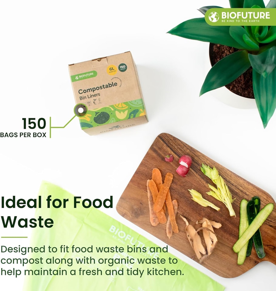 image 1 of Biofuture 6L x 150 Compostable Bin Liners | Home Compostable & Council Approved | Fits 5-7L Kitchen Food Waste Bins | EN13432 Certified & TUV Certified