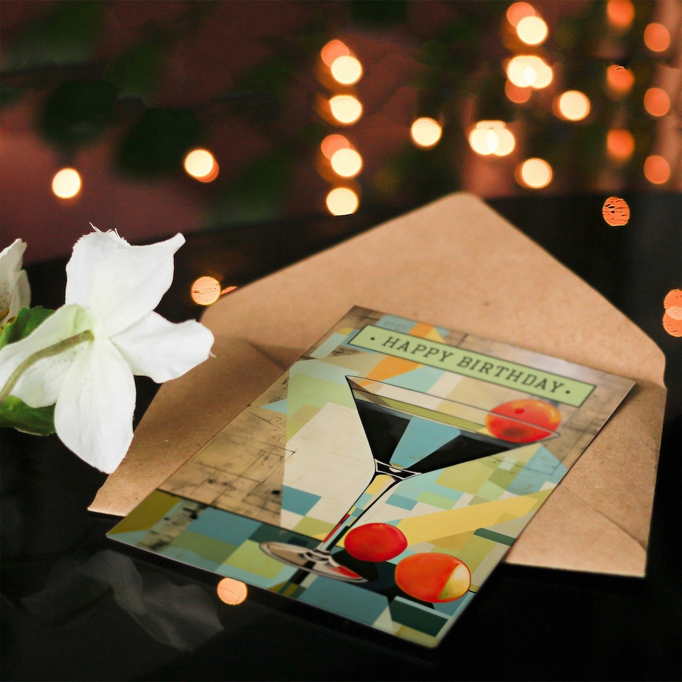 image 1 of Happy Birthday Modern Art Deco Martini Painting Birthday Card