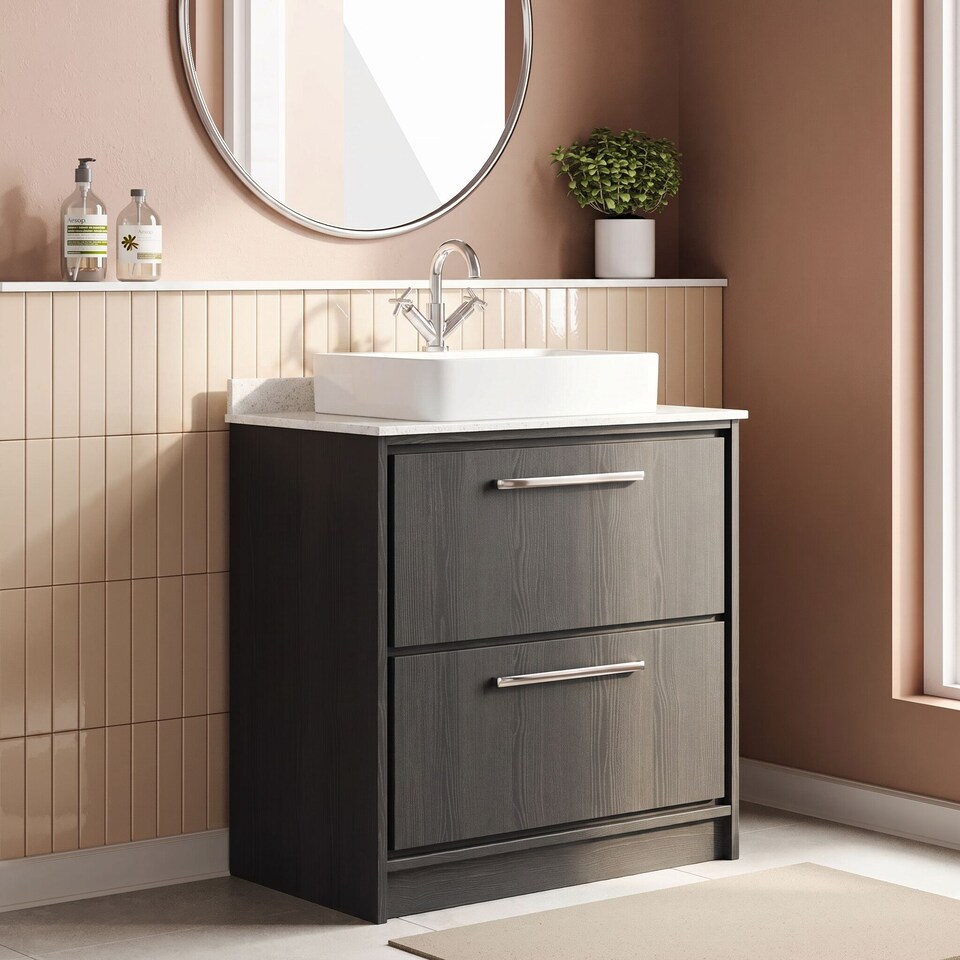 image 1 of Balterley Longnor 2 Drawer Floor Standing Vanity Unit with Square Basin and Marble Worktop, Woodgrain Graphite Grey, 800mm