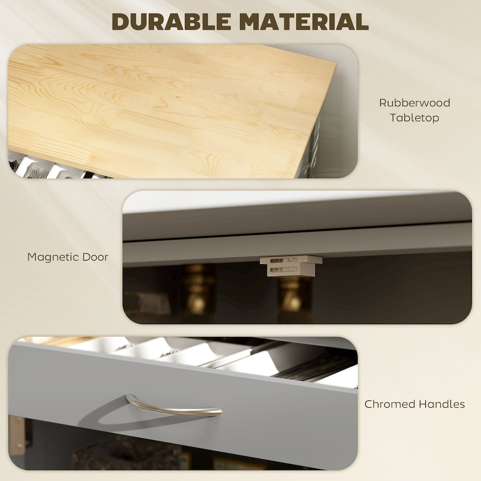 image 1 of HOMCOM Modern Kitchen Trolley, Rolling Island Storage Cart with Drawer, 9-bottle Wine Rack, Door Cabinets, Wooden Countertop, Grey