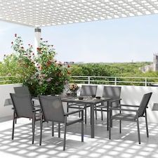 Outsunny 7 Pieces Garden Dining Set with Glass Top Dining Table, Outdoor Patio Table and 6 Armchairs with Texteline Fabric Seats and Backrest, Wood-plastic Composite Armrests Top, Grey