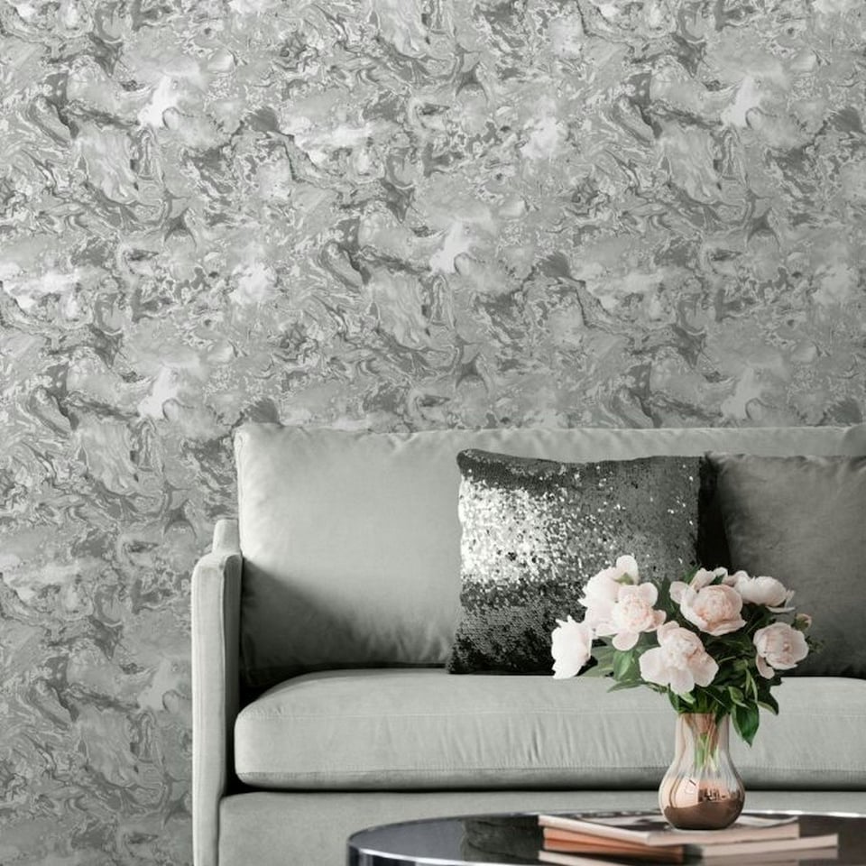 image 1 of Muriva Elixir Marble Wallpaper - Silver/Grey - 10m x 53cm Silver