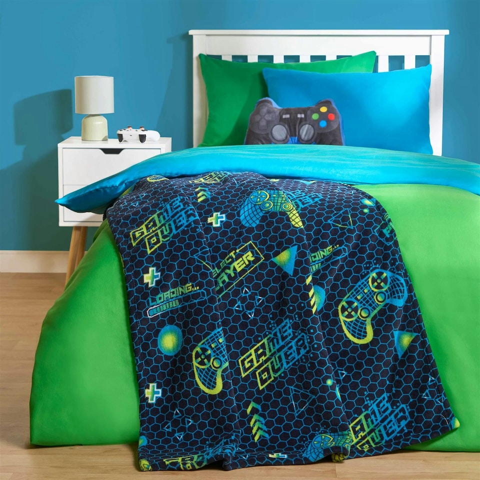 image 1 of OHS Kids Gaming Printed Throw Warm Plush Sherpa Flecce Reverse Over Bed Super Soft Blanket, 100x120cm Purple | Neon Purple