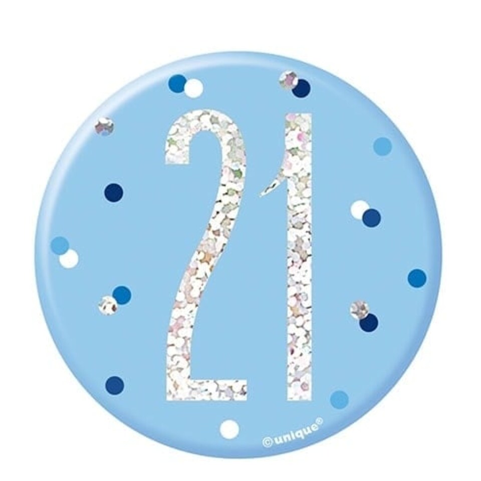 Blue Glitz Age 21 Holographic Birthday Badge 7cm