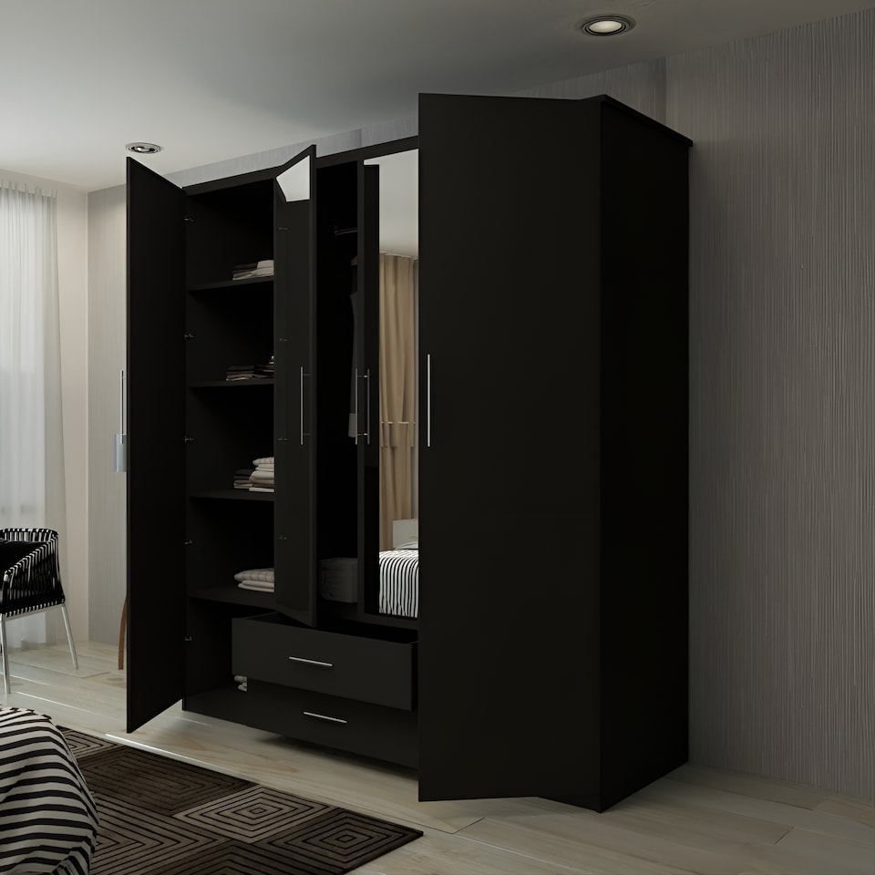 image 1 of Modern Space-Saving 4-Door Hinged Wardrobe with Central Mirrored Doors - 8 Shelves & 2 Drawers, 171cm Wide
