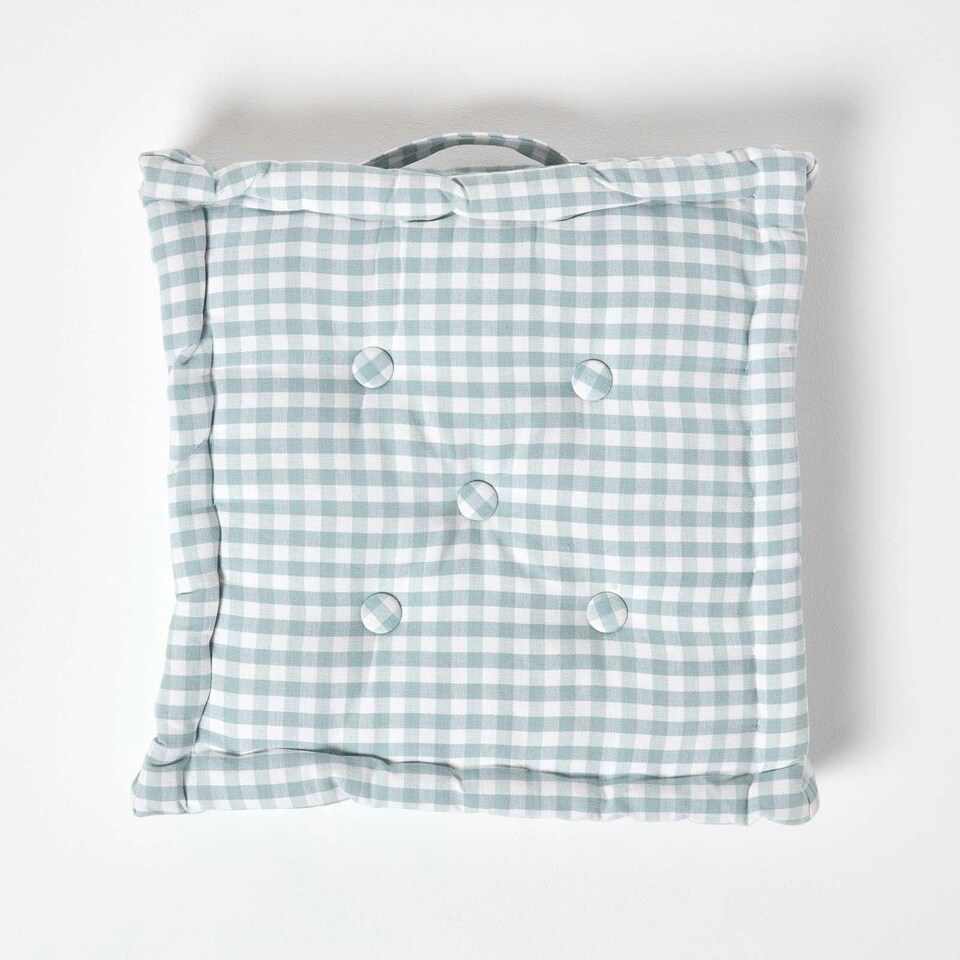 image 1 of Homescapes Cotton Gingham Check Blue Floor Cushion - 50 x 50 cm | Blue | 50 x 50 cm
