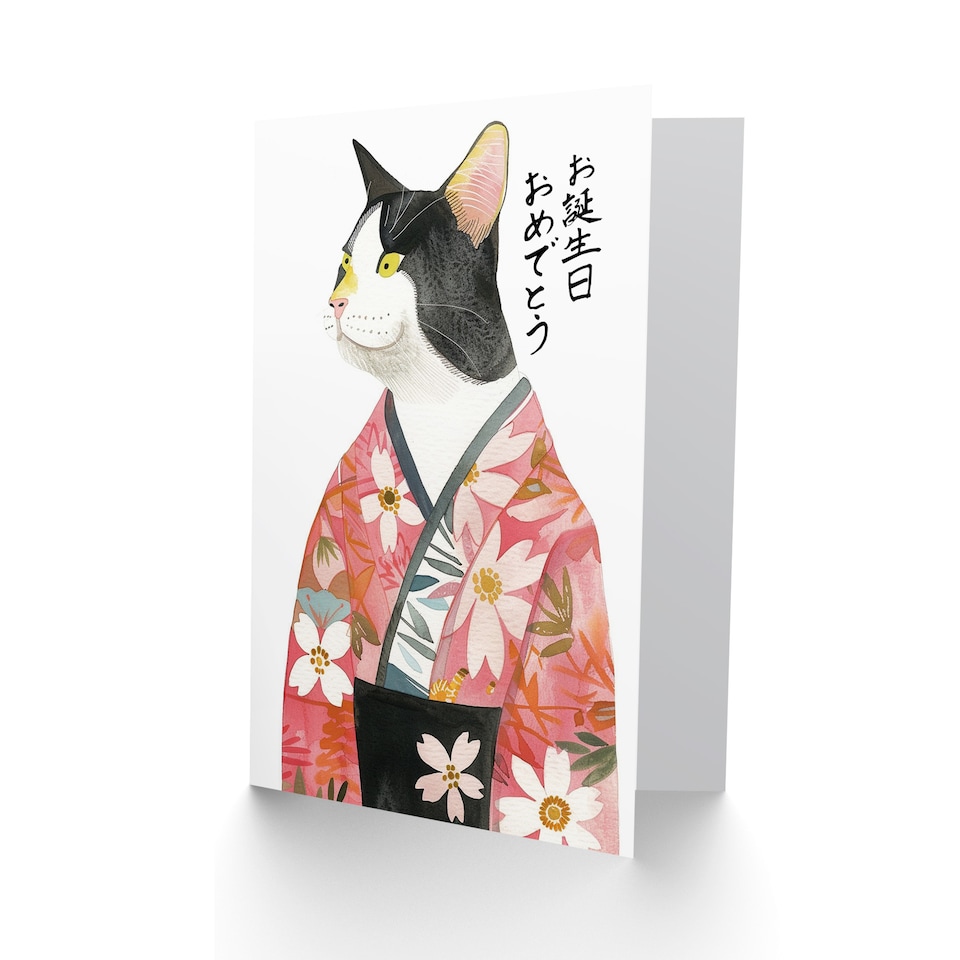 image 1 of Cat Lover Floral Japanese Kimono Pet Portrait Birthday Card