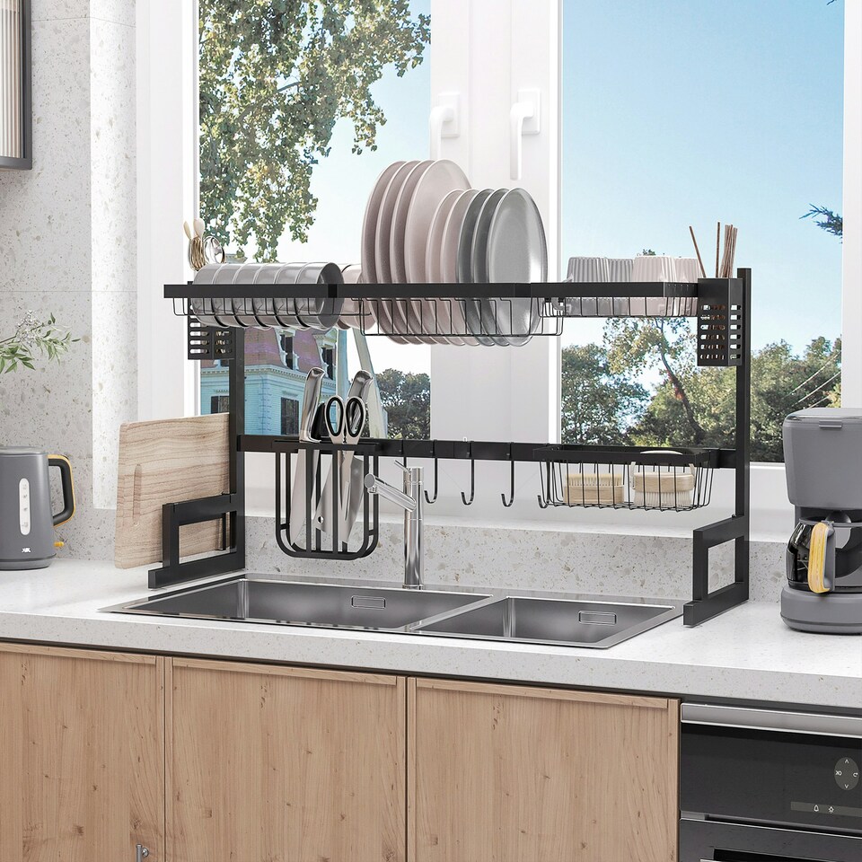 image 1 of HOMCOM Over The Sink Dish Drainer Rack, 2-Tier Dish Rack for Kitchen, Black