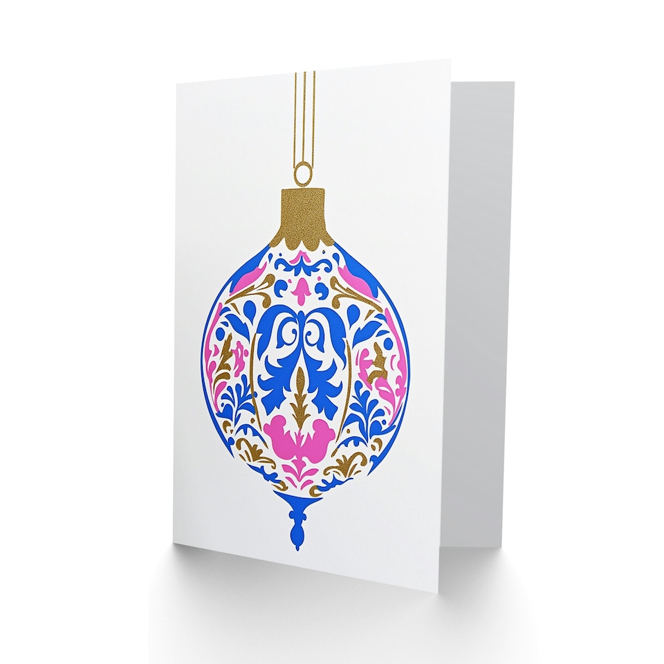 image 1 of Greeting Card Finial Art Nouveau Bauble Pink Blue Gold Modern Blank For Him Or Her Art Xmas Christmas Card