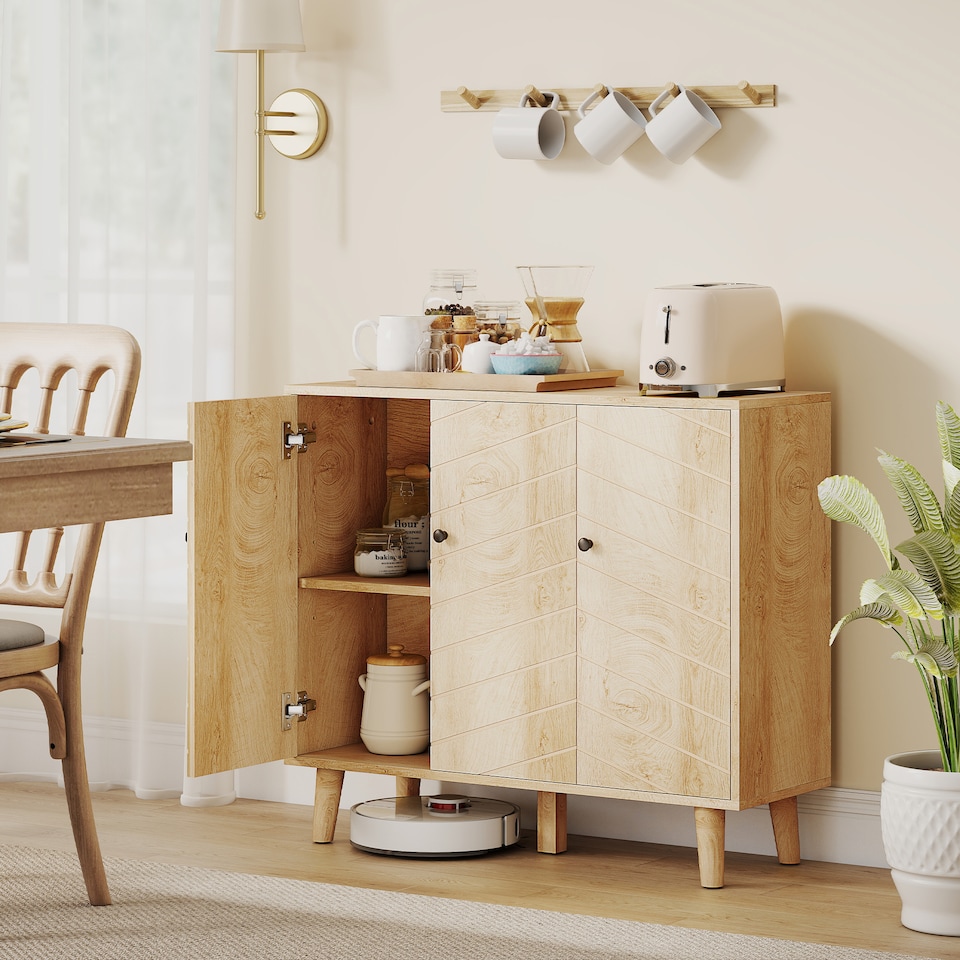 image 1 of HOMCOM Vintage Sideboard Cabinet with 3 Chevron Doors, Natural Wood Finish