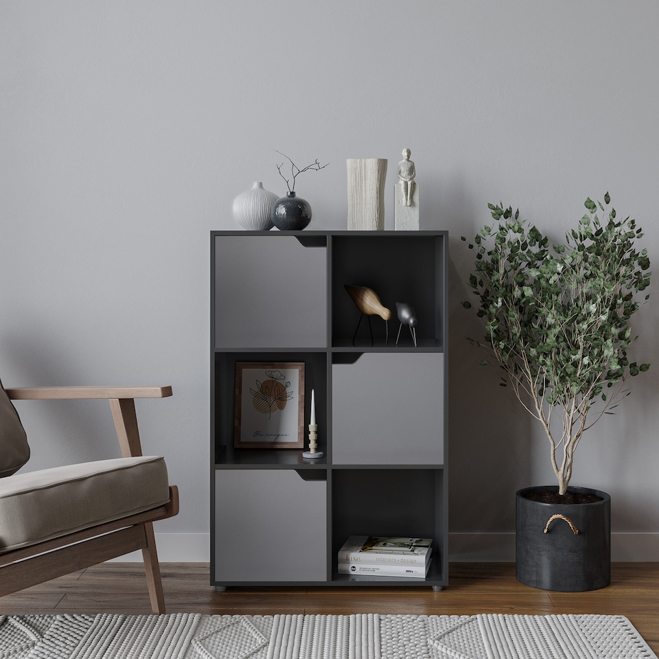 image 1 of 6-Cube Shelving Unit With Wooden Doors | Black | Black & Grey | 1