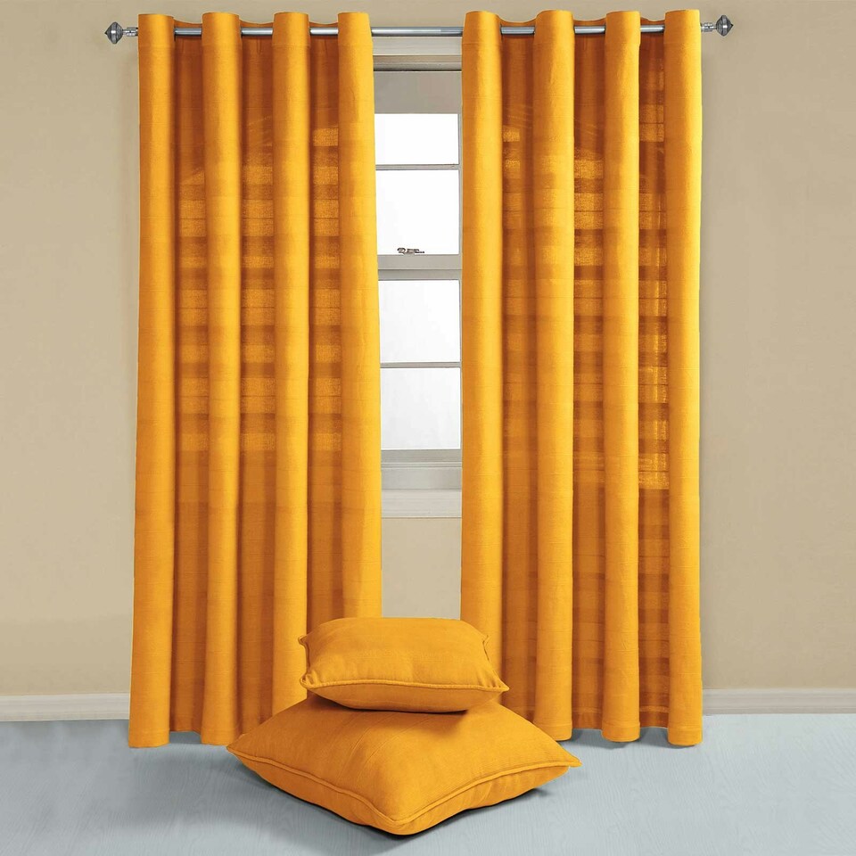 image 1 of Homescapes Cotton Rajput Ribbed Mustard Yellow Curtain Pair - 54 x 54" Yellow